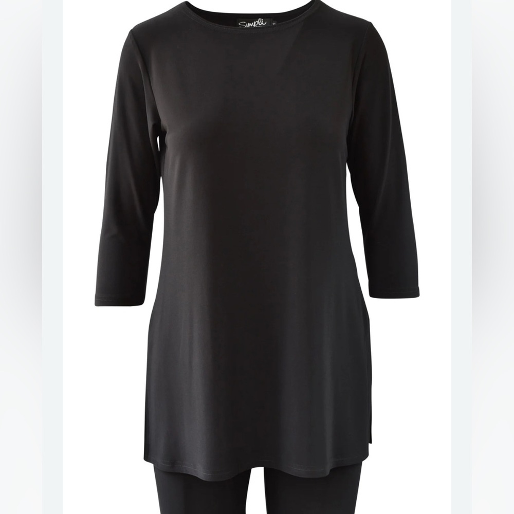 Sympli Nu Ideal Taupe 3/4 Sleeve tunic with long side vents and 3/4 sleeves